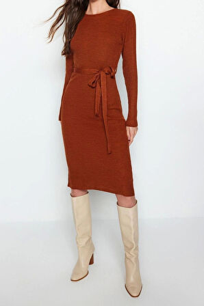 Yeni Slim Casual Günlük Fitilli Triko Bisiklet Yaka Uzun Kol A-Line Midi Boy Elbise