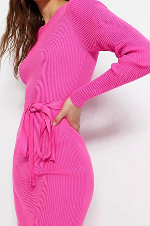 Yeni Slim Casual Günlük Fitilli Triko Bisiklet Yaka Uzun Kol A-Line Midi Boy Elbise