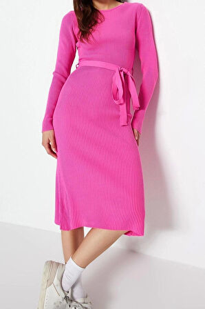 Yeni Slim Casual Günlük Fitilli Triko Bisiklet Yaka Uzun Kol A-Line Midi Boy Elbise