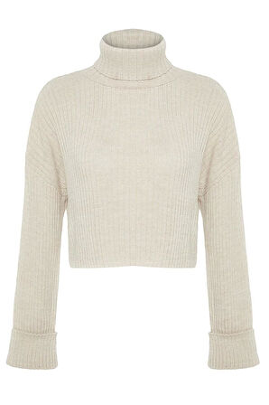 Kadın Moda Şık Crop Balıkçı Yaka Uzun Kol Düz Crop Basic Triko Kazak