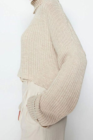 Kadın Moda Şık Crop Balıkçı Yaka Uzun Kol Düz Crop Basic Triko Kazak