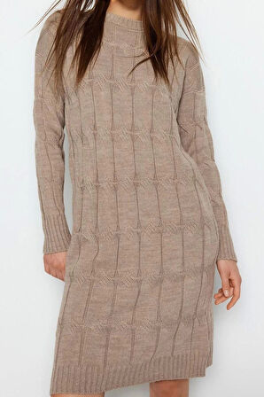 Yeni Oversize Casual Günlük Çift Plaka Triko Bisiklet Yaka Uzun Kol Shift Mini Boy Elbise