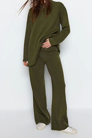 Kadın Moda Şık Geniş Paça Regular Boy Uzun Kollu Geniş Kalıp Basic Triko Alt-Üst Takım