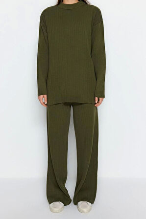 Kadın Moda Şık Geniş Paça Regular Boy Uzun Kollu Geniş Kalıp Basic Triko Alt-Üst Takım