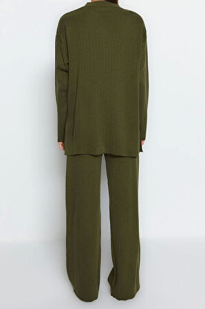 Kadın Moda Şık Geniş Paça Regular Boy Uzun Kollu Geniş Kalıp Basic Triko Alt-Üst Takım