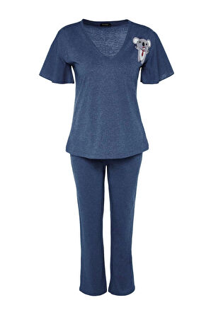 Kadın Moda Şık V Yaka Boru Paça Kısa Kol Pamuklu Koala Baskılı Kol Volan Detaylı Örme Pijama Takımı