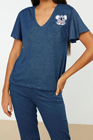 Kadın Moda Şık V Yaka Boru Paça Kısa Kol Pamuklu Koala Baskılı Kol Volan Detaylı Örme Pijama Takımı