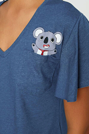 Kadın Moda Şık V Yaka Boru Paça Kısa Kol Pamuklu Koala Baskılı Kol Volan Detaylı Örme Pijama Takımı
