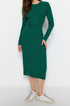 Yeni Slim Casual Günlük Tek Plaka Triko Bisiklet Yaka Uzun Kol Bodycone Midi Boy Elbise