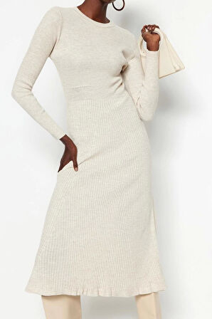 Yeni Slim Casual Günlük Tek Plaka Triko Bisiklet Yaka Uzun Kol Bodycone Midi Boy Elbise