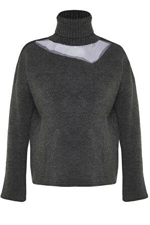 Kadın Moda Şık Regular Balıkçı Yaka Uzun Kol Düz Yumuşak Dokulu Tül Detaylı Triko Kazak