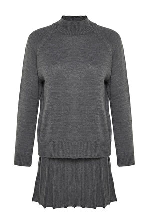 Kadın Moda Şık Geniş Paça Regular Boy Uzun Kollu Pileli Etekli Triko Alt-Üst Takım