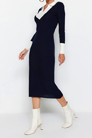 Yeni Slim Casual Günlük Fitilli Triko Polo Yaka Uzun Kol Bodycone Midi Boy Elbise