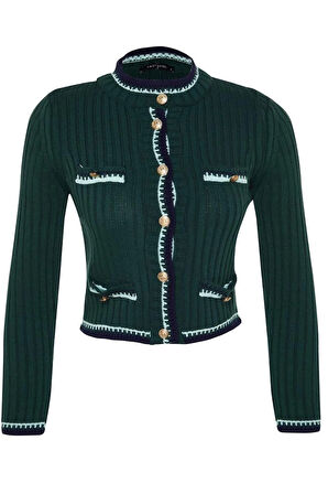Kadın Moda Şık Crop Bisiklet Yaka Regular Crop Renk Bloklu Ceket Görünümlü Triko Hırka