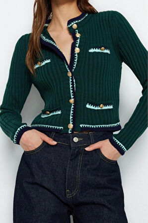 Kadın Moda Şık Crop Bisiklet Yaka Regular Crop Renk Bloklu Ceket Görünümlü Triko Hırka