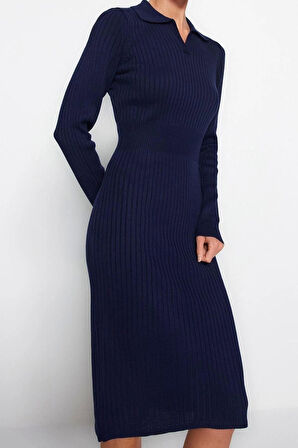 Yeni Slim Casual Günlük Fitilli Triko Polo Yaka Uzun Kol Bodycone Midi Boy Elbise