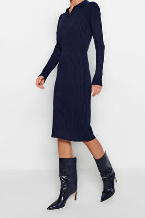 Yeni Slim Casual Günlük Fitilli Triko Polo Yaka Uzun Kol Bodycone Midi Boy Elbise