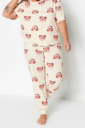 Büyük Beden Kadın Pamuklu Bisiklet Yaka Kısa Kol Ayıcık Desenli Örme Pijama Takımı
