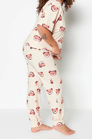 Büyük Beden Kadın Pamuklu Bisiklet Yaka Kısa Kol Ayıcık Desenli Örme Pijama Takımı