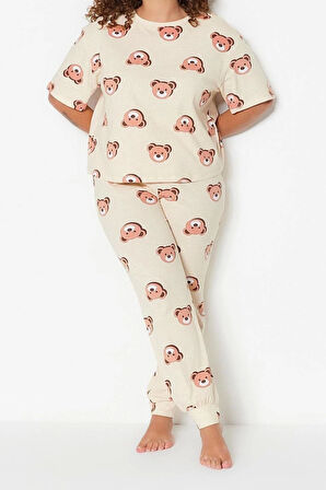 Büyük Beden Kadın Pamuklu Bisiklet Yaka Kısa Kol Ayıcık Desenli Örme Pijama Takımı