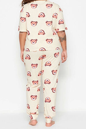 Büyük Beden Kadın Pamuklu Bisiklet Yaka Kısa Kol Ayıcık Desenli Örme Pijama Takımı