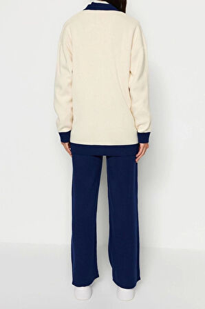 Kadın Moda Şık Geniş Paça Regular Boy Uzun Kollu Şerit Detaylı Hırka-Pantolon Triko Takım