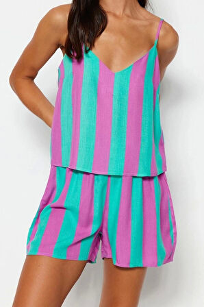 Kadın Viskon U Yaka Askılı Kol Çizgili İp Askılı Viskon Dokuma Pijama Takımı