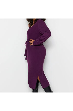 Yeni Fit Casual Günlük Fitilli Triko Kare Yaka Uzun Kol Bodycone Midi Boy Büyük Beden Elbise