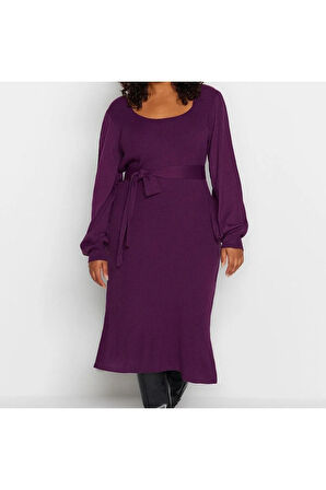 Yeni Fit Casual Günlük Fitilli Triko Kare Yaka Uzun Kol Bodycone Midi Boy Büyük Beden Elbise