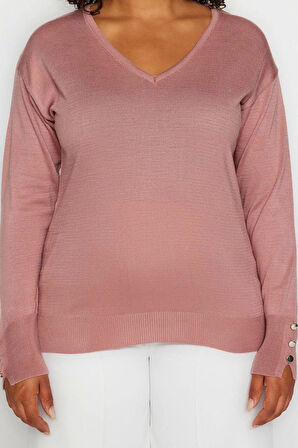 Kadın Büyük Beden Moda Şık Regular V Yaka Uzun Kol Düz Düğme Detaylı Triko Kazak