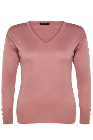 Kadın Büyük Beden Moda Şık Regular V Yaka Uzun Kol Düz Düğme Detaylı Triko Kazak