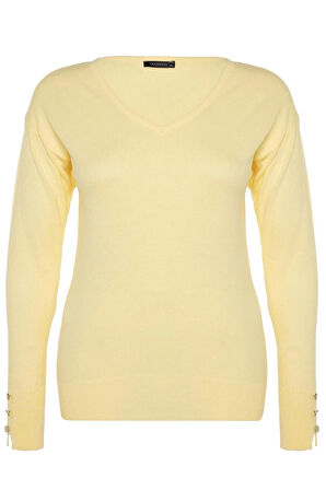 Kadın Büyük Beden Moda Şık Regular V Yaka Uzun Kol Düz Düğme Detaylı Triko Kazak