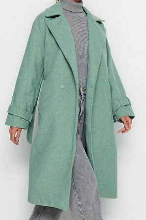 Kadın Moda Şık Bol Ceket Yaka Uzun Düz Astarlı Oversize Geniş Kesim Kemerli Uzun Yünlü Kaşe Kaban