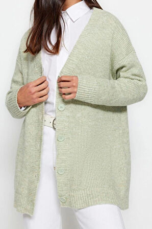 Kadın Tesettür Moda Şık Regular V Yaka Uzun Kol Düz Düğmeli Yumuşak Triko Hırka