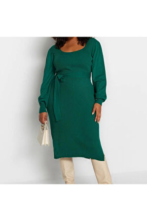 Yeni Fit Casual Günlük Fitilli Triko Kare Yaka Uzun Kol Bodycone Midi Boy Büyük Beden Elbise