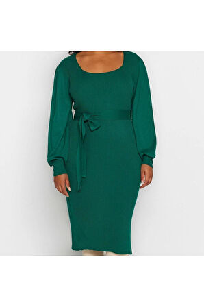 Yeni Fit Casual Günlük Fitilli Triko Kare Yaka Uzun Kol Bodycone Midi Boy Büyük Beden Elbise