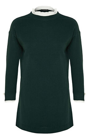 Kadın Tesettür Moda Şık Midi Bisiklet Yaka Uzun Kol Düz Pembe Kolu İnci Detaylı Triko Kazak