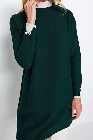 Kadın Tesettür Moda Şık Midi Bisiklet Yaka Uzun Kol Düz Pembe Kolu İnci Detaylı Triko Kazak