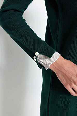 Kadın Tesettür Moda Şık Midi Bisiklet Yaka Uzun Kol Düz Pembe Kolu İnci Detaylı Triko Kazak