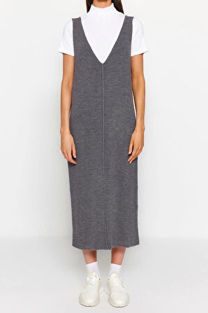 Yeni Regular Casual Günlük Dolu İğne Triko V Yaka Uzun Kol Shift Maxi Boy Elbise