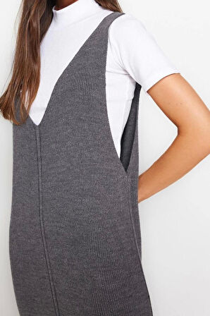 Yeni Regular Casual Günlük Dolu İğne Triko V Yaka Uzun Kol Shift Maxi Boy Elbise