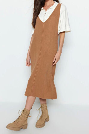 Yeni Regular Casual Günlük Dolu İğne Triko V Yaka Uzun Kol Shift Maxi Boy Elbise