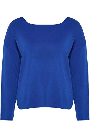 Kadın Büyük Beden Moda Şık Regular Bisiklet Yaka Uzun Kol Düz Sırtı Çapraz Bant Detaylı Triko Kazak