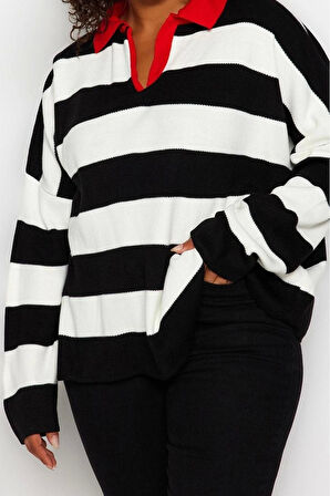 Kadın Büyük Beden Moda Şık Regular Polo Yaka Uzun Kol Çizgili Polo Yaka Triko Kazak