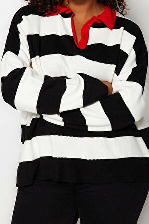 Kadın Büyük Beden Moda Şık Regular Polo Yaka Uzun Kol Çizgili Polo Yaka Triko Kazak