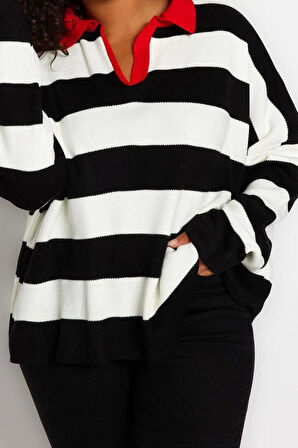 Kadın Büyük Beden Moda Şık Regular Polo Yaka Uzun Kol Çizgili Polo Yaka Triko Kazak