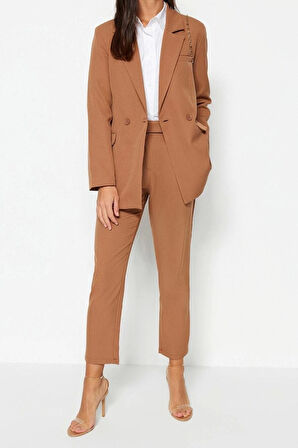 Kadın Moda Şık Boru Paça Regular Boy Uzun Kollu Blazer Ceket-Pantolon Dokuma Alt-Üst Takım