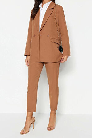 Kadın Moda Şık Boru Paça Regular Boy Uzun Kollu Blazer Ceket-Pantolon Dokuma Alt-Üst Takım