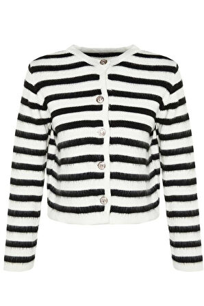 Kadın Moda Şık Regular Bisiklet Yaka Slim Yumuşak Dokulu Çizgili Ceket Görünümlü Triko Hırka