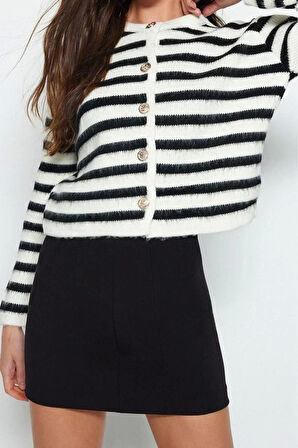 Kadın Moda Şık Regular Bisiklet Yaka Slim Yumuşak Dokulu Çizgili Ceket Görünümlü Triko Hırka